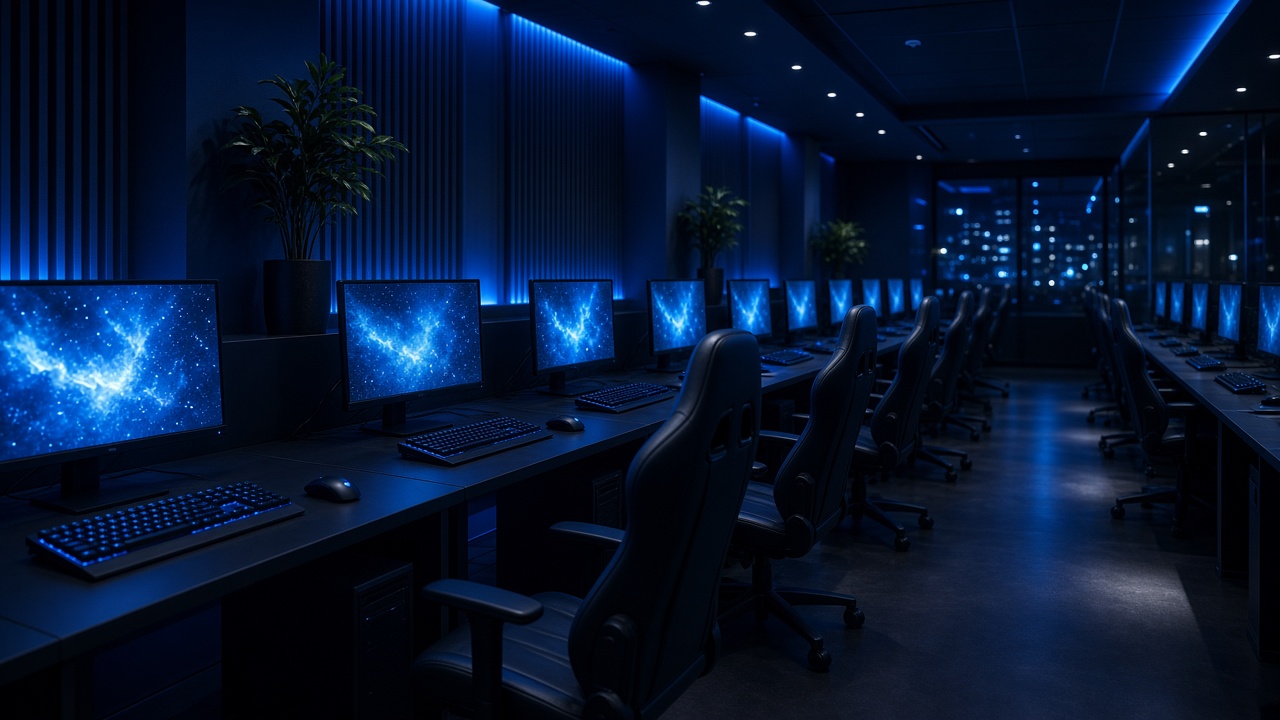 Gaming cafe floor with rows of PCs